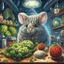 Placeholder: portrait of crazy scientist irradiating food inside grove with huge fluffy space chinchilla in the style of Escher, 4 k, down-light, soft light, depth of field, photo realism, trending on art station, high detail, spray paint