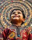 Placeholder: "Midnight Serenade unique" low view angle shot down long, large close up a young child smiling look up granite terrazzo motifs with puzzle tribal clothing is decorated with colorful filigree abstract, Collage chutes papiers magazines, old village. Spirograph background by Nisa Kiley, Textile Artist