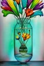 Placeholder: melted flowers in a glass vase, melted family pictures on the wall in the style of Salvador Dali's with green, blues, orange and purples, surrealism style