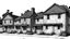 Placeholder: A front elevation fine line drawing of a row of ramshackle fantasy cottages.