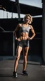 Placeholder: photography of a beautiful anorexic woman, grey satin sports bra, sports illustrated, blond short wavy bob haircut, pronounced sternum, grey running leggins