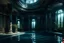Placeholder: dark, old, room with a swimming pool with blue water, irregular shapes of the pool with bends, visible pillars supporting the closed ceiling, dark, brown in color, columns with wild climbing plants everywhere, dystopian style. gloomy, post-apocalyptic, gloomy, dramatic, very detailed.
