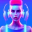 Placeholder: woman teenager, headphones, retro futuristic, Bang & Olufsen, shaved hair, leather dress, gradient color, BLUE, PINK, CYAN, neon, insanely detailed, 16k resolution, perfect eyes, cinematic smooth, intricate detail