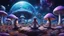 Placeholder: beautiful women sitting without bro meditating on blue, purple mushroom in space, vegetable plantations in domes, colonization of the planet,