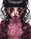 Placeholder: full color, illustration of a darkred and pink tones, menacing, Singer Melanie Martinez face, as a decayed, broken, skin turned translucent, black veins that extended like roots beneath her skin, latex suit, crude homemade cloth doll toy, with a narrow cracked porcelain face, thick dark eyebrows, hair in two gradually, made from ragged strips of cloth, in the style of Alex Pardee, Tim Burton, and Nadya Sheremet