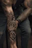 Placeholder: close view of a man's arm that has just been tattood by a branding iron, the branding tool just lifted up from the skin and the tattoo is hot and still smoking from the heat, the tattoo is a Bitcoin symbol. Hyper realistic, 8k, realistic