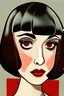 Placeholder: cartoon portrait of french brunette lady with bob cut, long eyelashes and red lips