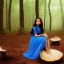 Placeholder: jenna ortega as a sourceress girl, beautiful, cute, seated, in a giant mushroom forest, with mist, blue intricate dress, high definition, cinematic, rendering