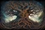 Placeholder: gnarled and twisted tree of life with faces and bodies crawling out of the trunk and branches, deep colour, in the multiverse