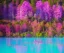 Placeholder: fairies in a magic pink forest with purple and pink trees, pink and blue and yellow flowers and around a turquoise lake, a blue sky and sunlight