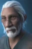 Placeholder: 3D render of a cyberpunk tribal old man, gray hair and goatee, on a dark blue jungle background, digital art