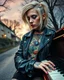 Placeholder: "Midnight Serenade unique" low view angle shot down village road , large close up a beautiful young blonde woman with a tattoos and punk style hairstyle wearing a cool black leather jacket like rocker style and playing the piano granite terrazzo motifs with puzzle modern clothing is decorated with colorful filigree abstract, Collage chutes papiers magazines,Spirograph background by Nisa Kiley, Textile Artist