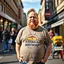 Placeholder: a little fat swedish man standing on a busy street wearing a t-shirt. a kebab brothers t shirt, with a kebab brothers logo