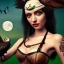 Placeholder: hyper realistic, young cute girl, short black air, green eyes, holding a owl, batterfly simple black tatoo, dressed a steampunk pirate, bra with carved leather, ships in background salvador dalì style. high details, raining with moon. 4k, unreal engine