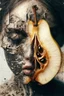 Placeholder: Grunge, woman as a decaying dried out Pear intricately showing its internal structure and seeds, cyberpunk, ultra unique natural textures, slight imperfections, vray.