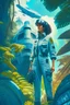 Placeholder: woman wearing a boiler suit, standing next to a spaceship, in a jungle clearing, with a blue sky