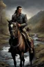 Placeholder: A 40 year old mercenary in a battle jacket and travelers cloth. He is riding a dark gray horse. He is tall, slim, has a sharply cut face. black hair, short ponytail on the top of his head. Perfect face. Perfect eyes. Perfect hands. Perfect feets. fantasy setting. A river ford in a wood. Style of Clive Barker