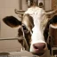 Placeholder: Crazy cow, waiting in her stall to be milked.