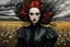 Placeholder: Andrea Kowch , surrealistic Vogue style, ink oil fashion illustration, (full body, close up, shot:1.6), avant garde haute couture, vampire girl with highly defined hair and facial features, black mascara, broad brushstrokes, energetic, highly detailed, boldly inked, vivid chromatic color, ethereal, otherworldly