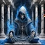 Placeholder: hooded skeleton wizard made of marble and glass, covered in ink, greek pillars, mystical cave with blue fire, magical floating, blue particles, professional Photography, Fantasy Background, Intricate Patterns, Ultra Detailed, Luminous, Radiance, beautiful, high contrast, vibrant colors, Ultra Realism, Complex Details, Intricate Details, 16k, HDR, High Quality, Trending On Artstation, Sharp Focus, Studio Photo,