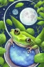 Placeholder: Cute frog sleeping in a bed, moon above him. Children's books. Watercolour