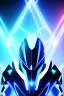 Placeholder: neon blue, flying parts of armor in form of triangles, cyber armor, geometric patterns on armor, male, orbiting triangle