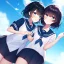 Placeholder: Clear focus,High resolution, Black short fluffy hair, and blue eyes, wearing a sailor uniform, must wear a short skirt, Blushing, Holding another girls hand, flying