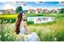 Placeholder: Young woman in flower field in country side ,river, houses,blue sky ,nice clouds,god rays