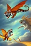 Placeholder: A flying tiger with wings is fighting with a dragon.