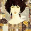 Placeholder: paper collage of a portrait, newspaper pages and wallpaper, background patterned wallpaper, by artist "Gustav Klimt"