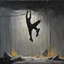 Placeholder: Minimal abstract oil painting of a falling person limbs sinew. Amongst concrete fragments brutalist architecture and hanging wires illuminated at night. In the style of Justin Mortimer and Phil Hale and Ashley Wood