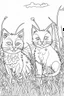 Placeholder: coloring page for kids, Cats in the grass, cartoon style, thick lines, low detail, no shading