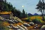 Placeholder: Night, moon, cabin, trees, rocks, pathway, grass, distant mountains, distant trees, impressionism painting