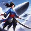Placeholder: a princess in a flowing kimono, her hands steady on the hilt of a gleaming katana, poised for battle. Across from her stands a shadowy figure, a ninja cloaked in secrecy, ready to strike in the long nacelle of a majestic zeppelin soaring through the clouds.