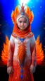 Placeholder: Full body wide-angle RAW photo, the fire princess wearing very luxurious and jewel-embellished clothes, fully covered, holding a fire shawl, opals and flower decorations, fractal wing texture, coming out of a burst of fire, winter scenery in the background, beautiful woman's face indonesia, high detail skin, phoenix, fire, 8k uhd, dslr, soft lighting, high quality, film grain