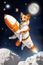 Placeholder: white and orange dog flies to the moon top of the a rocket