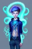 Placeholder: 16 year old boy warlock with milky blue eyes, and fanged tentacle growing out of his belly. in the style o Dr. Seuss