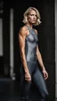 Placeholder: photography of a beautiful anorexic woman, grey satin triathlon top, sports illustrated, blond short wavy bob haircut, pronounced sternum, flat chest, anthracite cycling leggins