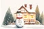 Placeholder: Christmas illustration, whimsical, detailed, warm colors, grainy texture, subject: snowman in a snowy garden, house with lights, white background