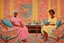 Placeholder: A painting of two women in a living room with vivid wallpaper by artist "Lois Mailou Jones"