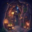 Placeholder: Cartoon whimsical fantasy nighttime underground city cafe lit by candles