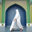 Placeholder: high-quality, high-resolution photography of woman in flowing, white burka walking in front of a mosque with blue, green, gold mosaic walls, profile, panoramic, high-quality, fine-detail, intricate, ornate, volumetric lighting, 8k resolution, haunting, powerful, photo-realistic, 3d render, photo-quality, Life magazine photograph