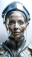 Placeholder: Cyborg female evolving | concrete floor | detailed | fine art | highly detailed | smooth | sharp focus | ultra realistic | full body portrait view, Mysterious,blue metal, smile