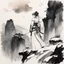 Placeholder: [traditional Chinese brush, expressive line, ink washes] Barbarella in samurai woman standing close to a precipice