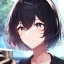 Placeholder: Clear focus, High resolution,floating shiny hair, black streaked hair,short bowl cut hair, choppy cuts hair,hair between eyes, extreme close up