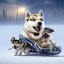 Placeholder: Create an image of sledge dogs that drag a sled in the snowy expanses of Alaska on which sit four Eskimo children dressed in white bear fur coats, the sled makes deep tracks in the snow, in the background of his circle in front of which stands an Eskimo hunter with a catch of fish, afternoon photo, outdoor photo, photo Realistic, 18K, wide lens