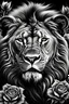 Placeholder: realistic black and white colored lion headshot in realistic black and white colored roses. Looks Fierce and Brave. Fire blazing in background.