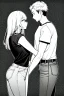 Placeholder: an elegant girl and another dressed in jeans and a T-shirt walk in Tokyo, line arts, greyscale