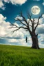 Placeholder: The Green Grass field under a beautiful moon and cloudy sky .A big Tree standing in the middle , a dead man is hanged,