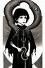 Placeholder: 7 year old boy, necromancer, friendly, looks dead,with a lamprey serpent , wearing black robes, in the style of Harry Clarke